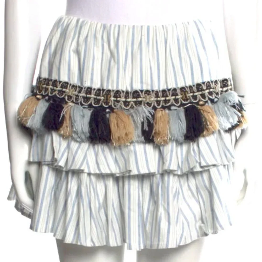 Caroline Constas Pinstripe Tiered Mini Skirt with Tassel Detail Womens Sz Small